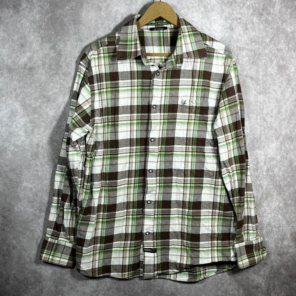 Vintage South Pole Shirt Mens Large Brown Green Plaid Button Up Casual 90s Y2K